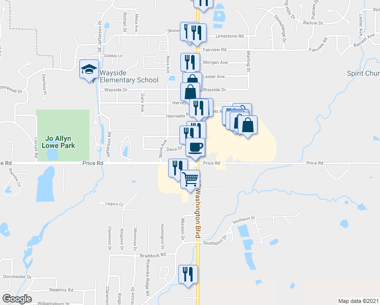 map of restaurants, bars, coffee shops, grocery stores, and more near 2431 Southeast Washington Boulevard in Bartlesville