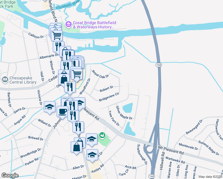 map of restaurants, bars, coffee shops, grocery stores, and more near 229 Robert Street in Chesapeake