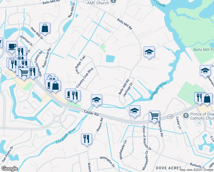 map of restaurants, bars, coffee shops, grocery stores, and more near 824 Evelyn Way in Chesapeake