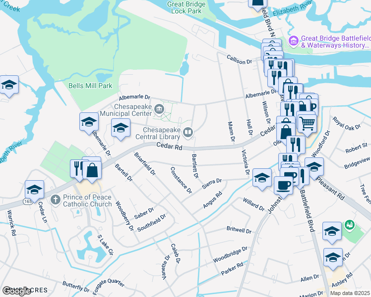 map of restaurants, bars, coffee shops, grocery stores, and more near in Chesapeake