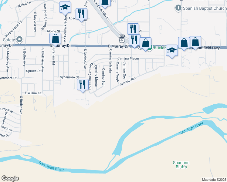 map of restaurants, bars, coffee shops, grocery stores, and more near 1805 Camino Rio in Farmington