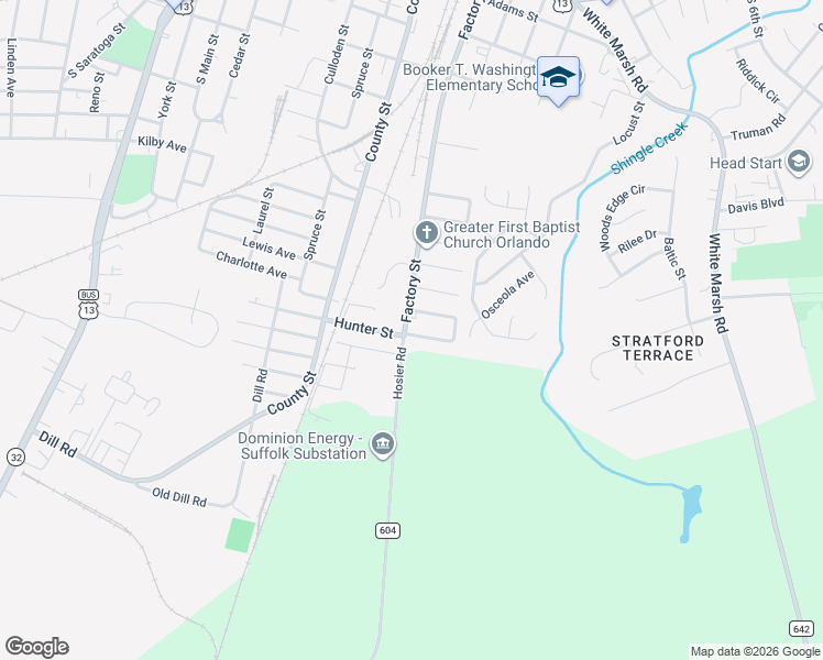 map of restaurants, bars, coffee shops, grocery stores, and more near 726 Hosier Road in Suffolk