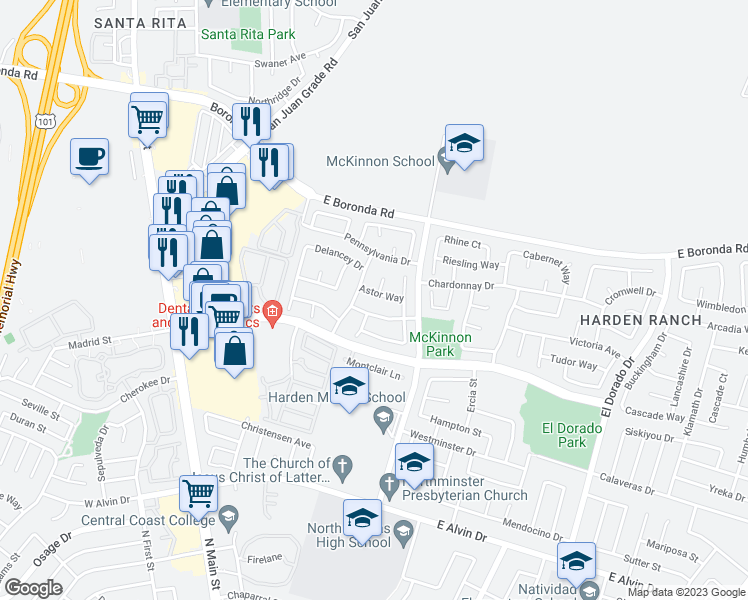 map of restaurants, bars, coffee shops, grocery stores, and more near 214 Astor Way in Salinas