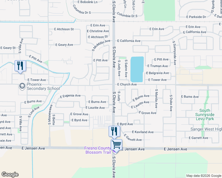 map of restaurants, bars, coffee shops, grocery stores, and more near 5590 East Edna Avenue in Fresno