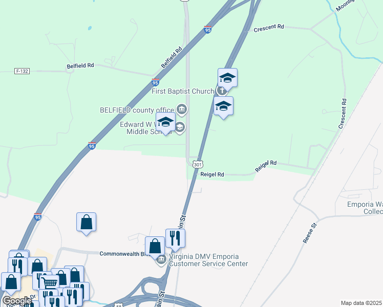 map of restaurants, bars, coffee shops, grocery stores, and more near 127 Slagles Lake Road in Emporia