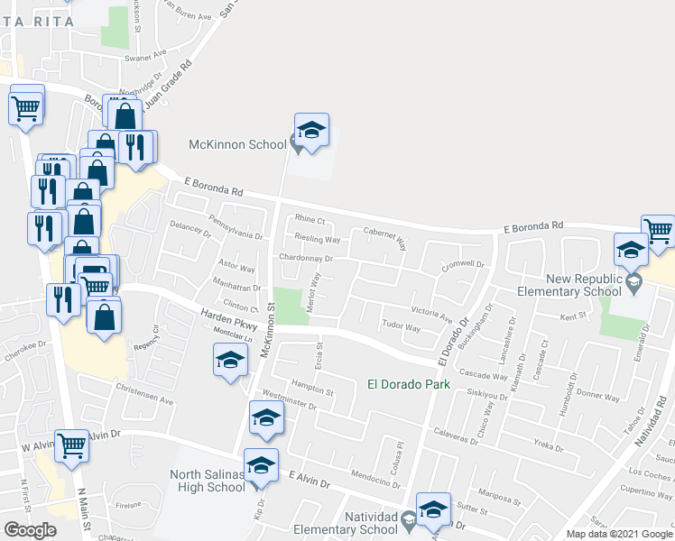 map of restaurants, bars, coffee shops, grocery stores, and more near 15 Chablis Circle in Salinas