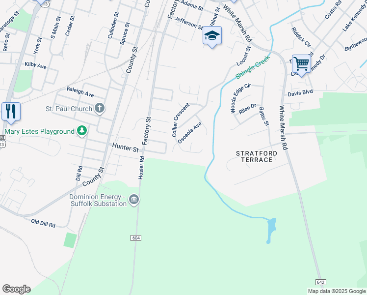 map of restaurants, bars, coffee shops, grocery stores, and more near 416 Collier Crescent in Suffolk