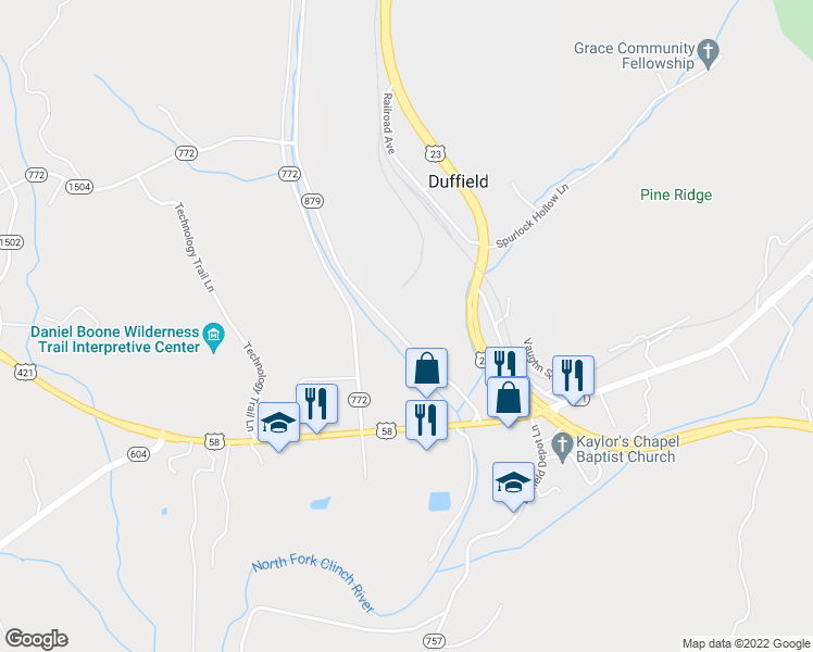 map of restaurants, bars, coffee shops, grocery stores, and more near 402 Industrial Park Road in Duffield