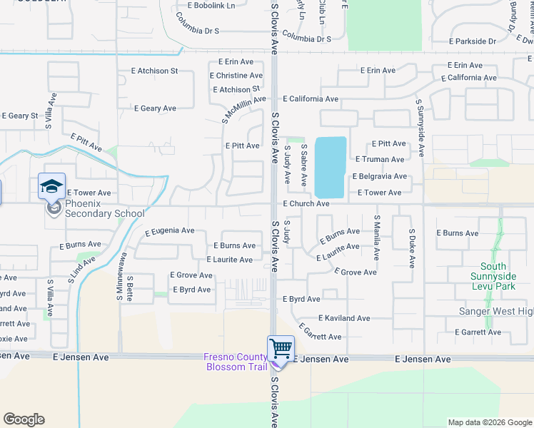 map of restaurants, bars, coffee shops, grocery stores, and more near 5590 East Edna Avenue in Fresno