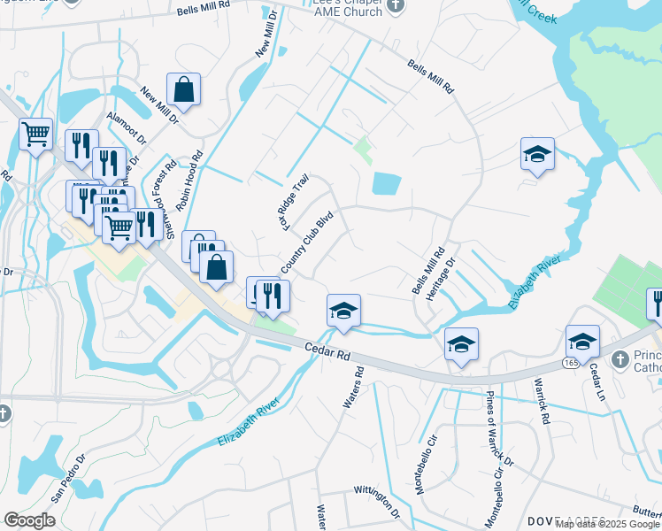 map of restaurants, bars, coffee shops, grocery stores, and more near 817 Larkspur Lane in Chesapeake