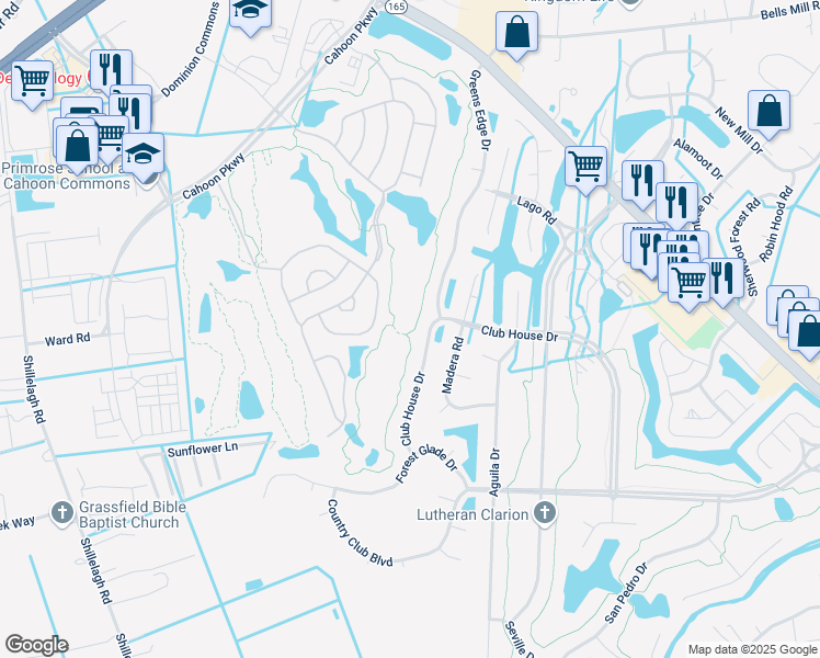 map of restaurants, bars, coffee shops, grocery stores, and more near 1306 Club House Drive in Chesapeake