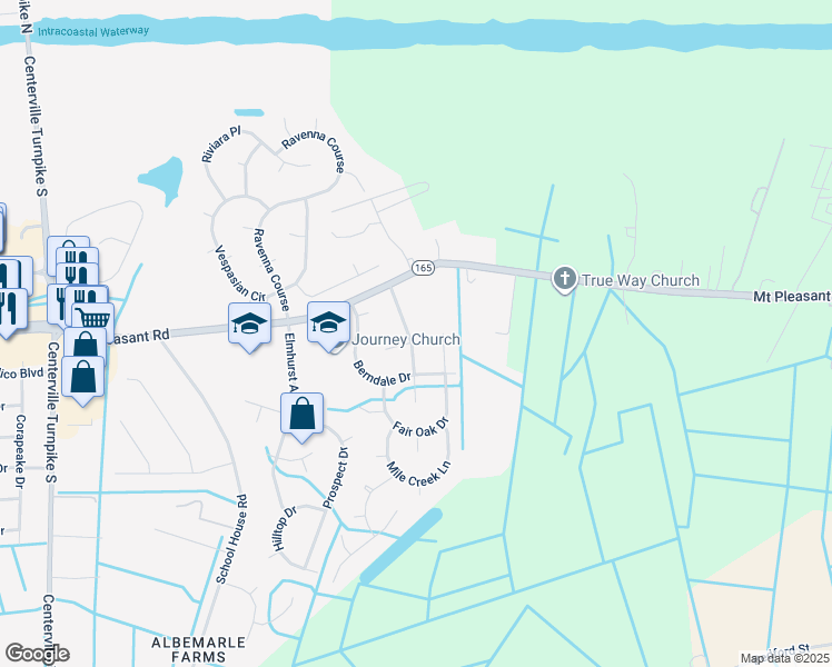 map of restaurants, bars, coffee shops, grocery stores, and more near 425 Fall Ridge Lane in Chesapeake