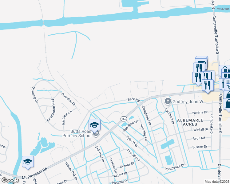 map of restaurants, bars, coffee shops, grocery stores, and more near 1200 Back Road in Chesapeake
