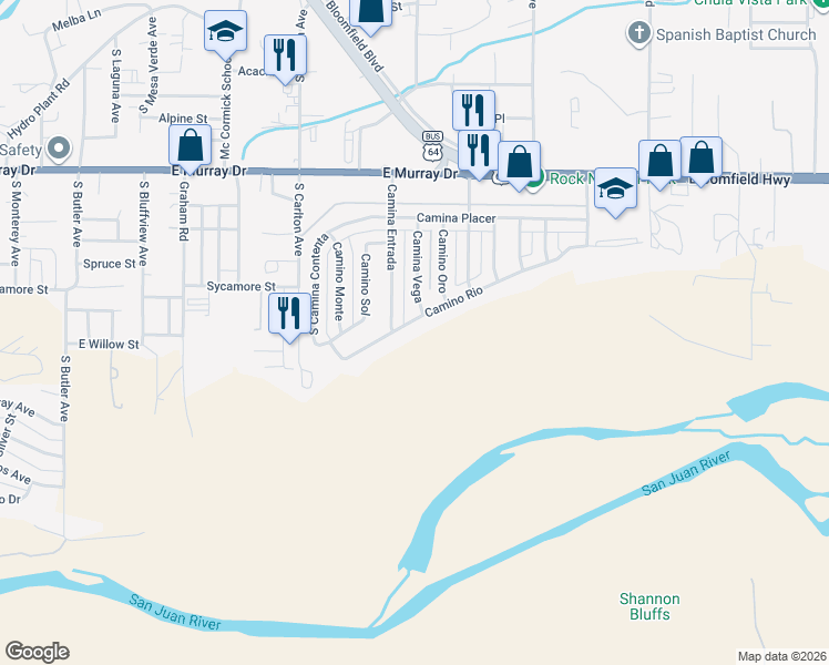 map of restaurants, bars, coffee shops, grocery stores, and more near 1805 Camino Rio in Farmington