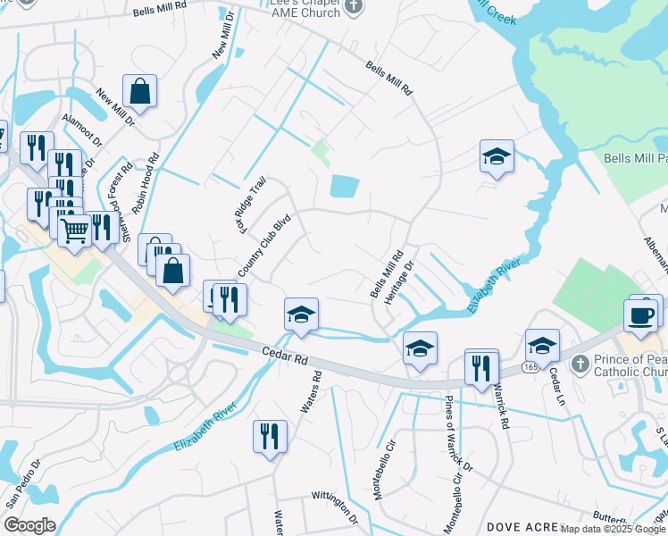 map of restaurants, bars, coffee shops, grocery stores, and more near 824 Evelyn Way in Chesapeake