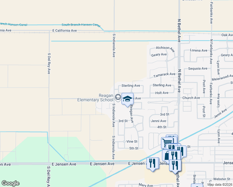 map of restaurants, bars, coffee shops, grocery stores, and more near 169 Rosewood Avenue in Sanger