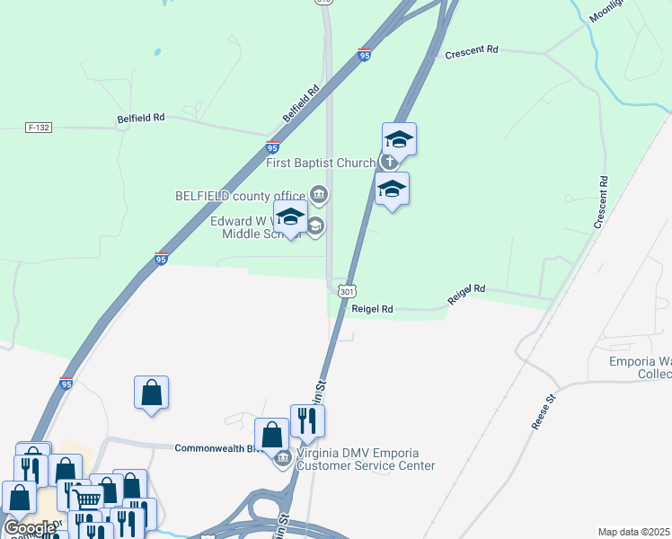 map of restaurants, bars, coffee shops, grocery stores, and more near 127 Slagles Lake Road in Emporia