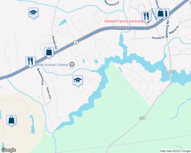 map of restaurants, bars, coffee shops, grocery stores, and more near 1006 Darlington Court in Suffolk