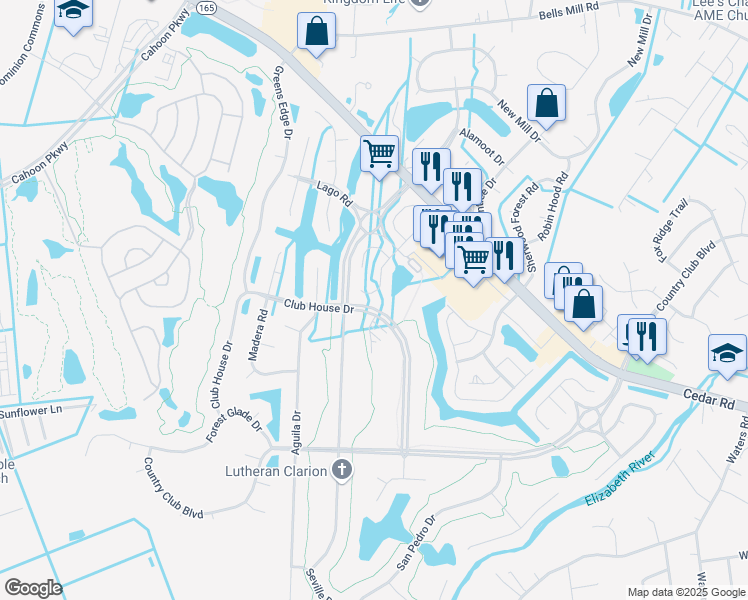 map of restaurants, bars, coffee shops, grocery stores, and more near 709 Brisa Court in Chesapeake