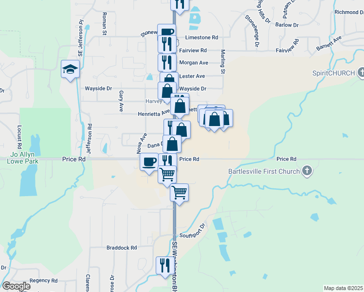 map of restaurants, bars, coffee shops, grocery stores, and more near 2400 Southeast Washington Boulevard in Bartlesville