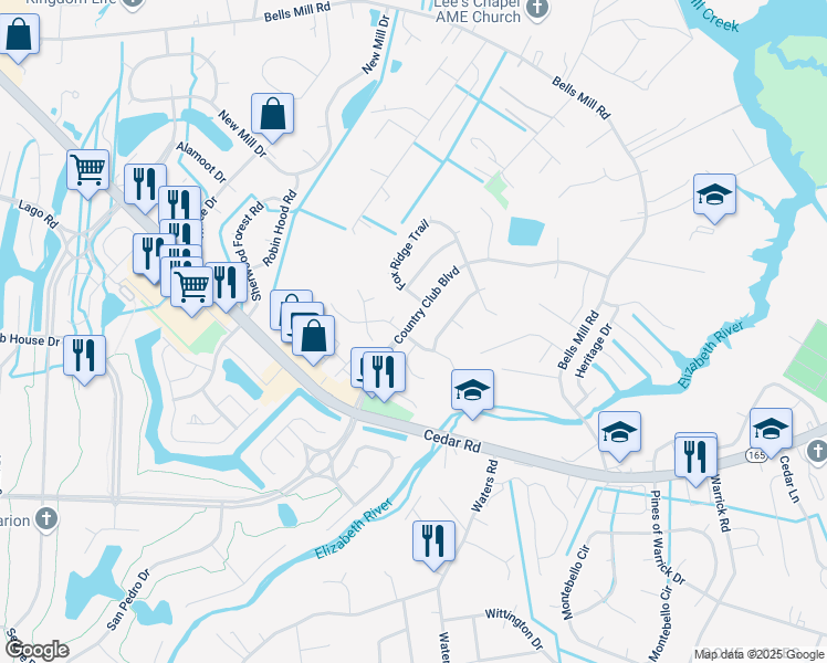 map of restaurants, bars, coffee shops, grocery stores, and more near 836 Doe Run Drive in Chesapeake