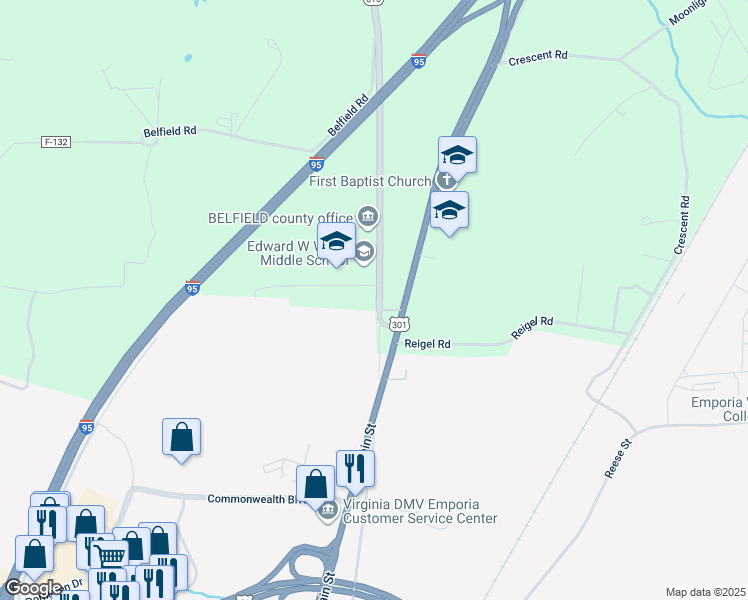 map of restaurants, bars, coffee shops, grocery stores, and more near 122 Slagles Lake Road in Emporia