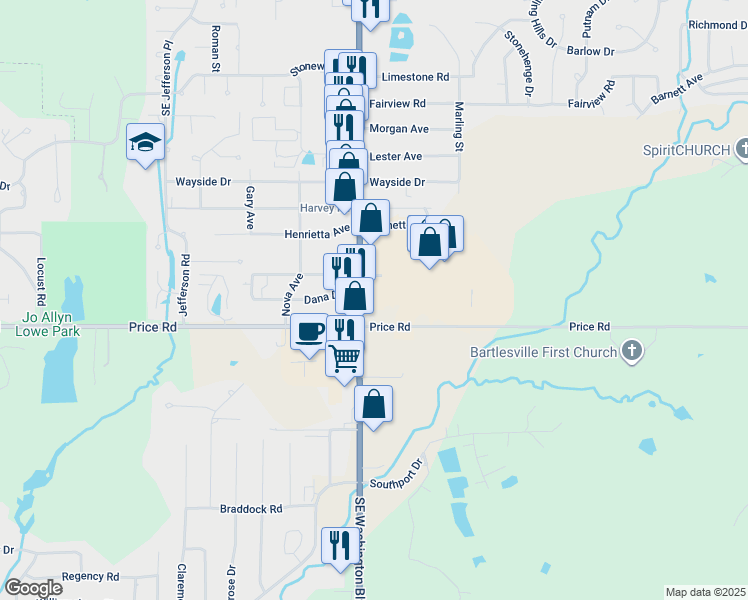 map of restaurants, bars, coffee shops, grocery stores, and more near 2400 Southeast Washington Boulevard in Bartlesville
