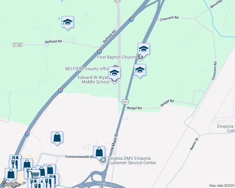 map of restaurants, bars, coffee shops, grocery stores, and more near 122 Slagles Lake Road in Emporia