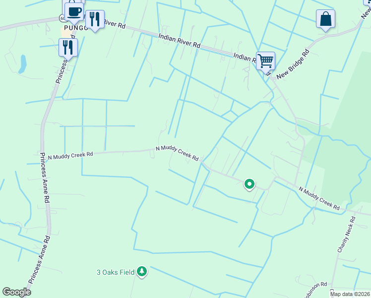 map of restaurants, bars, coffee shops, grocery stores, and more near 1760 North Muddy Creek Road in Virginia Beach