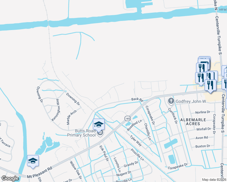 map of restaurants, bars, coffee shops, grocery stores, and more near 1200 Back Road in Chesapeake