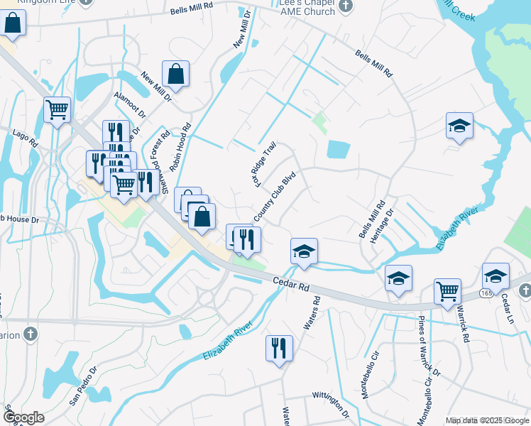 map of restaurants, bars, coffee shops, grocery stores, and more near 836 Doe Run Drive in Chesapeake