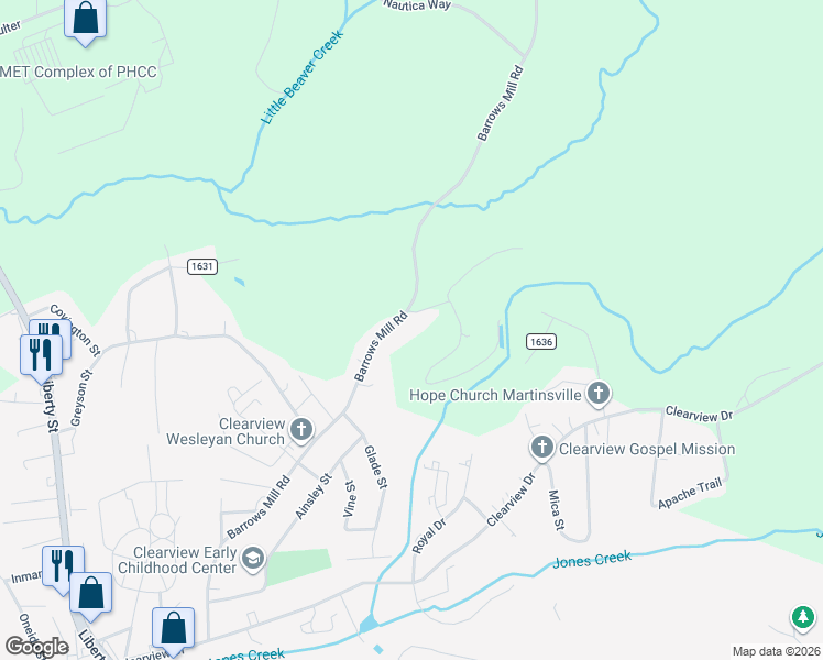 map of restaurants, bars, coffee shops, grocery stores, and more near 250 Amos Road in Martinsville