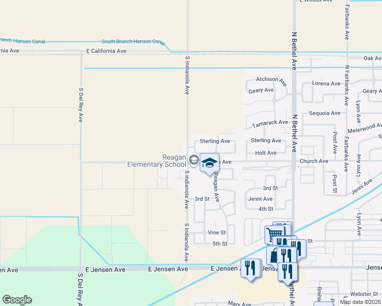 map of restaurants, bars, coffee shops, grocery stores, and more near 169 Rosewood Avenue in Sanger
