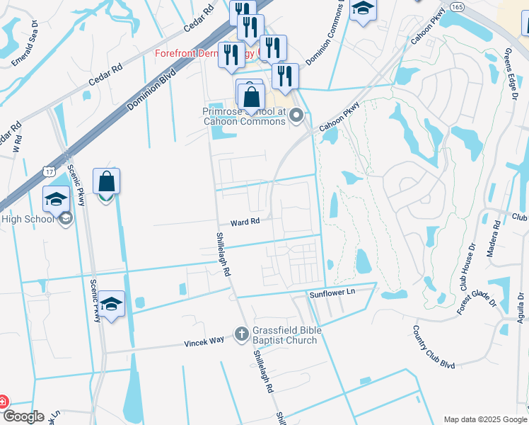 map of restaurants, bars, coffee shops, grocery stores, and more near 1646 Whistling Road in Chesapeake
