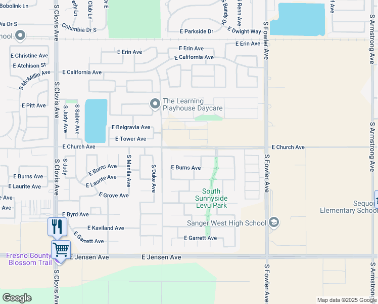 map of restaurants, bars, coffee shops, grocery stores, and more near 5864 East Eugenia Avenue in Fresno