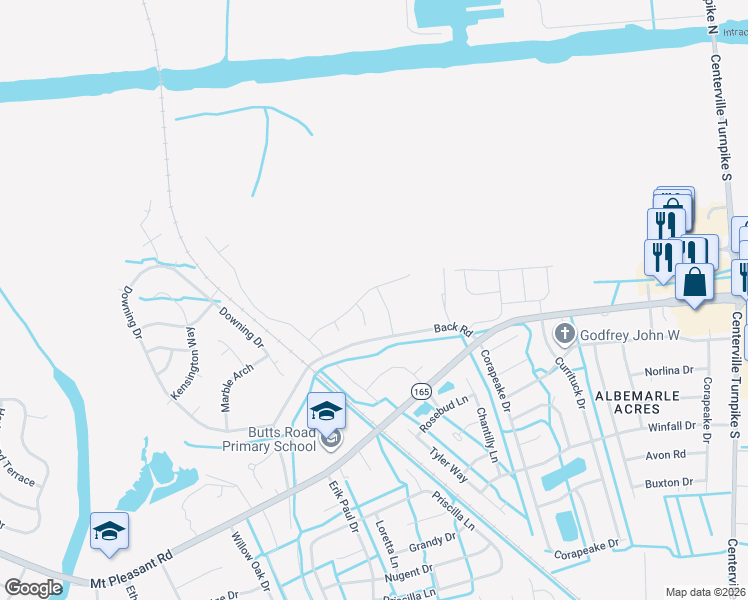 map of restaurants, bars, coffee shops, grocery stores, and more near 1200 Back Road in Chesapeake