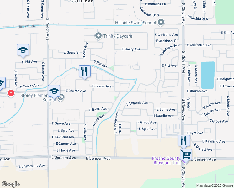 map of restaurants, bars, coffee shops, grocery stores, and more near 2402 South Lind Avenue in Fresno