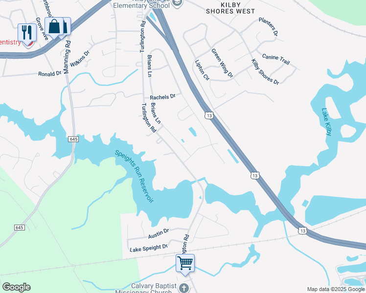 map of restaurants, bars, coffee shops, grocery stores, and more near 4041 Brians Lane in Suffolk