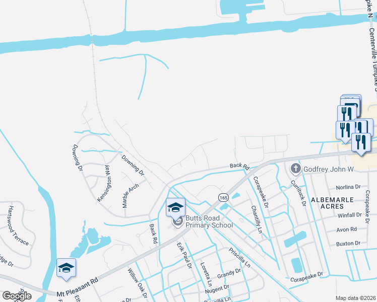 map of restaurants, bars, coffee shops, grocery stores, and more near 1200 Back Road in Chesapeake