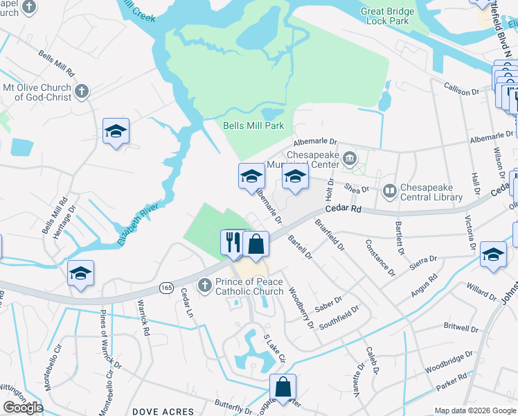 map of restaurants, bars, coffee shops, grocery stores, and more near 532 Albemarle Drive in Chesapeake