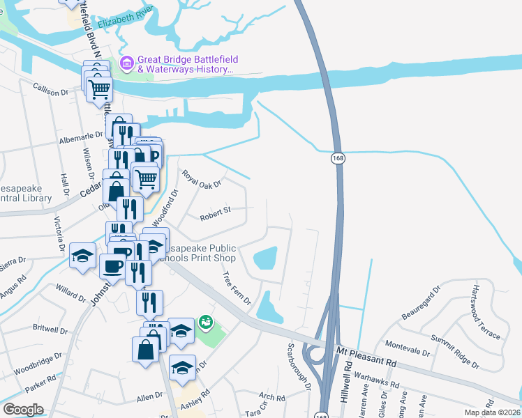 map of restaurants, bars, coffee shops, grocery stores, and more near 328 White Dogwood Drive in Chesapeake