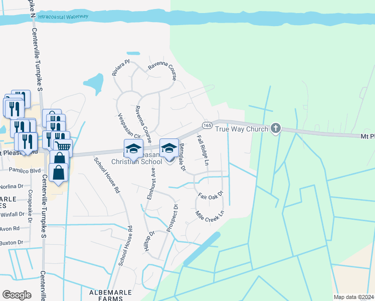 map of restaurants, bars, coffee shops, grocery stores, and more near 405 Berndale Drive in Chesapeake