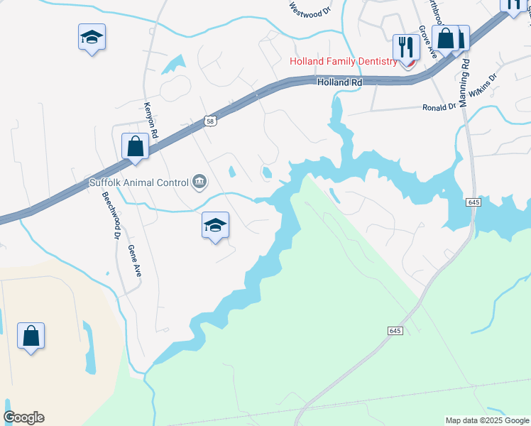 map of restaurants, bars, coffee shops, grocery stores, and more near 1006 Darlington Court in Suffolk