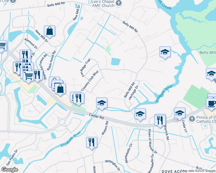 map of restaurants, bars, coffee shops, grocery stores, and more near 836 Evelyn Way in Chesapeake