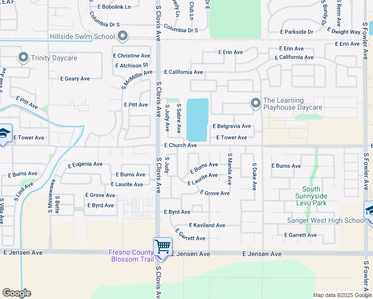 map of restaurants, bars, coffee shops, grocery stores, and more near 2425 South Preuss Avenue in Fresno