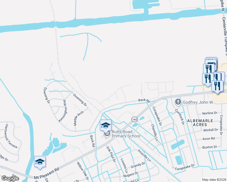 map of restaurants, bars, coffee shops, grocery stores, and more near 1200 Back Road in Chesapeake