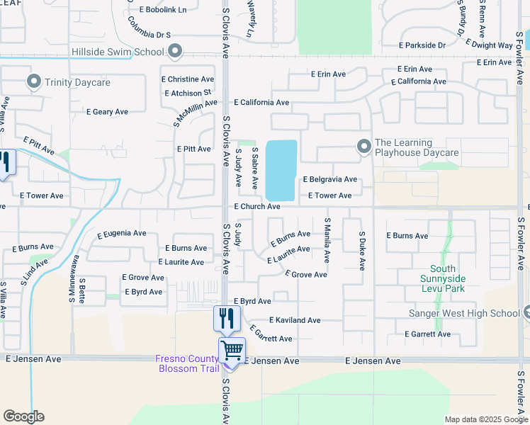 map of restaurants, bars, coffee shops, grocery stores, and more near 2425 South Preuss Avenue in Fresno