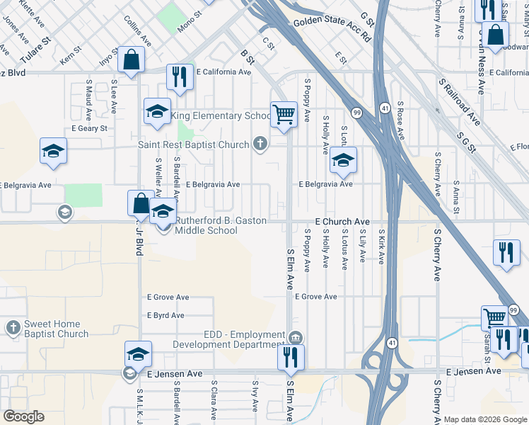 map of restaurants, bars, coffee shops, grocery stores, and more near 1640 East Church Avenue in Fresno