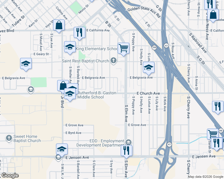 map of restaurants, bars, coffee shops, grocery stores, and more near 1550 East Church Avenue in Fresno