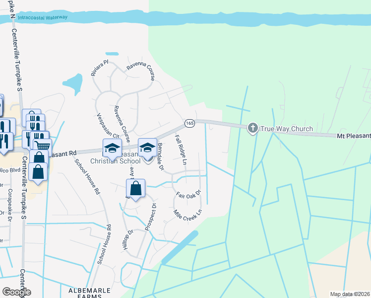 map of restaurants, bars, coffee shops, grocery stores, and more near 421 Fall Ridge Lane in Chesapeake